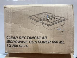 BOX OF ASSORTED ITEMS TO INCLUDE CLEAR RECTANGULAR MICROWAVE CONTAINER 650ML (1X250 SETS)