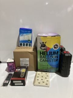 BOX OF ASSORTED ITEMS TO INCLUDE HELIUMKING HELIUM BALLOON CANISTER