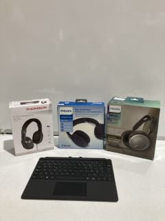 BOX OF ASSORTED TECH TO INCLUDE PHILIPS 4000 SERIES HEADPHONES & MICROSOFT SURFACE KEYBOARD