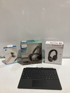 BOX OF ASSORTED TECH TO INCLUDE THOMSON TV HI-FI HEADPHONES & MICROSOFT SURFACE KEYBOARD