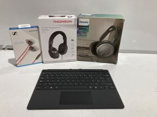 BOX OF ASSORTED TECH TO INCLUDE SENNHEISER CX 300S EARBUDS & MICROSOFT SURFACE KEYBOARD