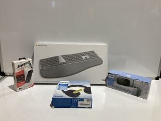 BOX OF ASSORTED TECH TO INCLUDE MICROSOFT SURFACE ERGONOMIC KEYBOARD