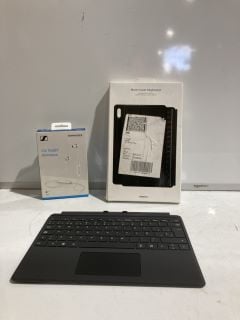 BOX OF ASSORTED TECH TO INCLUDE SAMSUNG BOOK COVER KEYBOARD & SENNHEISER CX 150BT WIRELESS EARBUDS