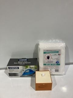 QTY OF ASSORTED ITEMS TO INCLUDE STATUS STEAM IRON, TODOCAMA QUILTED MATTRESS PROTECTOR