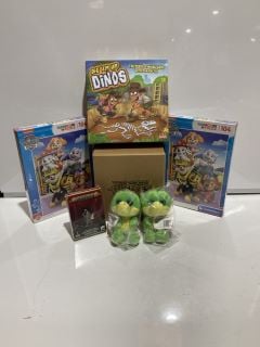 QTY OF ASSORTED ITEMS TO INCLUDE GLUBSCHIS DRAGON PLUSH TEDDY, TO INCLUDE DIG EM UP DINOS