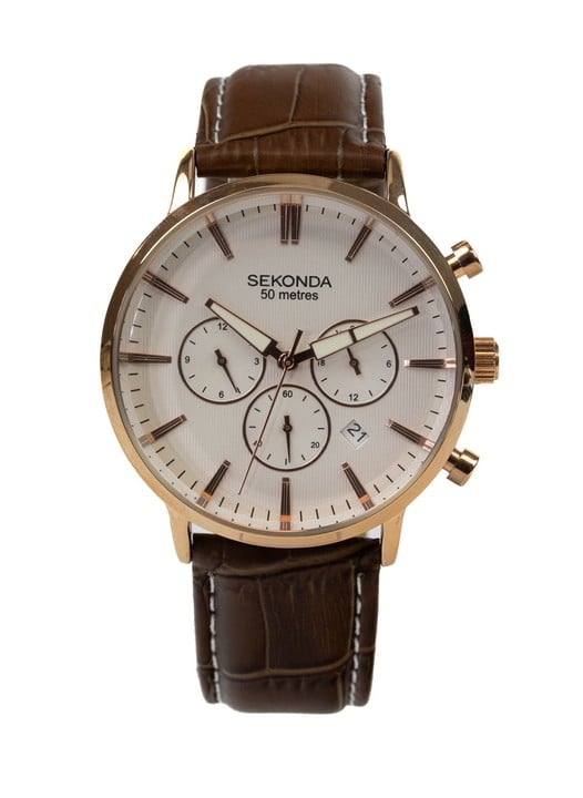 Sekonda Quartz Chronograph Watch, Model: 1668 White Dial Rose Gold Plated Stainless Steel Bezel and Brown Leather Strap. Brief Condition Report: Ex Display (Currently Running) (VAT Only Payable on Bu