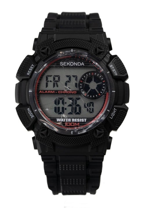 Sekonda Digital Watch, Model: 1676 DLW Black Bezel Steel Back with Black Plastic Strap.The functions of the watch include a backlight, dual-time, a calendar, a stopwatch, an alarm and water resistanc