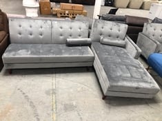 3 SEATER SOFA BED WITH CHAISE END IN GREY VELVET (MISSING ARM, PART)