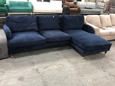 3 SEATER SOFA WITH RIGHT HAND FACING CHAISE IN DARK BLUE VELVET