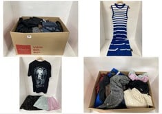 BOX OF ASSORTED ADULT CLOTHING TO INCLUDE RO&ZO STRIPE SLEEVELESS KNITTED DRESS BLUE SIZE 18