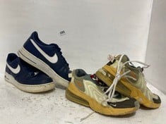 NIKE AIR FORCE 1 TRAINERS NAVY SIZE 9.5 TO INCLUDE NIKE REACT TRAINERS MUSTARD/BROWN/PALE YELLOW SIZE UNKNOWN