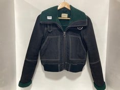 BLACK DENIM LOOK JACKET WITH GREEN FLEECE LINING SIZE S-P