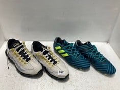 NIKE AIR MAX TRAINERS WHITE/YELLOW SIZE 9 TO INCLUDE ADIDAS NEMESIS FOOTY BOOTS BLACK/BLUE SIZE 10