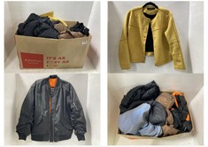 BOX OF ASSORTED ADULT JACKETS/COATS TO INCLUDE PRIMARK HOODED PUFFER JACKET BLACK SIZE XS