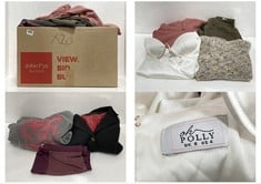 BOX OF ASSORTED ADULT CLOTHING TO INCLUDE PALE PINK HOODIE WITH 11:11 ON BACK SIZE SM