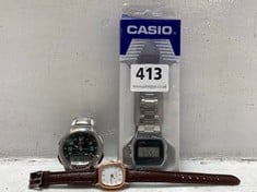 3 X ASSORTED WRIST WATCHES TO INCLUDE QUARTZ BROWN LEATHER STRAP WATCH WITH SQUARE ROSE GOLD FEATURES AND WHITE FACE