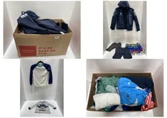 BOX OF APPROX 30 X ASSORTED KIDS CLOTHING TO INCLUDE BMW MOTORRAD OFFICIAL TEAM MERCHANDISE SOFT SHELL JACKET NAVY SIZE 7-8YRS