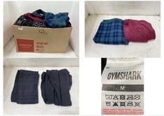 BOX OF ASSORTED CLOTHES TO INCLUDE BLEYLE S SWEATER VEST IN GREEN / BLUE