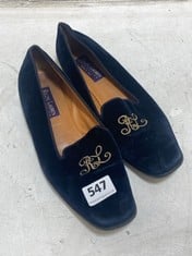 RALPH LAUREN FORMAL FLAT SLIPPERS NAVY WITH GOLD LOGO SIZE 8.5 RRP- £100