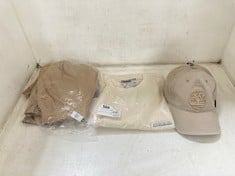 3 X ADULTS CLOTHING TO INCLUDE TIMBERLAND CANVAS LOGO BEIGE BASEBALL CAP