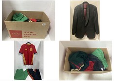 BOX OF ASSORTED ADULT CLOTHES TO INCLUDE RALPH LAUREN POLO JOGGERS IN GREEN SIZE LARGE