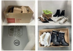 BOX OF ASSORTED SHOES TO INCLUDE RIVER ISLAND WOMENS HARDWARE STRAP HEELED BOOTS IN BLACK SIZE 4