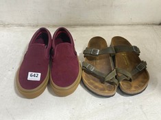 BIRKENSTOCK SANDALS IN KHAKI GREEN SIZE EU39 TO INCLUDE VANS SKATEBOARD SHOES IN BURGUNDY SIZE 6.5