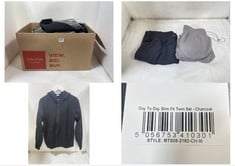 BOX OF ASSORTED JK ATTIRE TO INCLUDE DAY TO DAY SLIM FIT TRACKSUIT TOP IN CHARCOAL SIZE MEDIUM