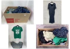 BOX OF ASSORTED CLOTHES TO INCLUDE BEAUUT CURVY WOMENS DRESS IN NAVY WITH SEQUINS SIZE 18