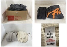 BOX OF ASSORTED ADULTS CLOTHING TO INCLUDE LIGHT GREY KNIT WEAR CARDIGAIN IN SIZE XL