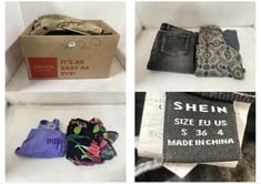 BOX OF ASSORTED CLOTHING TO INCLUDE BLACK DENIM MOM JEANS IN UK SIZE S