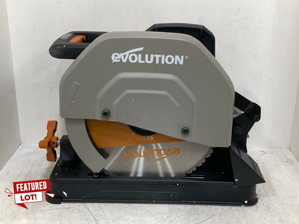 EVOLUTION 355MM CHOP SAW WITH TCT MULTI-MATERIAL CUTTING BLADE - MODEL NO. R355CPS - RRP £269 (18+ PROOF OF ID)