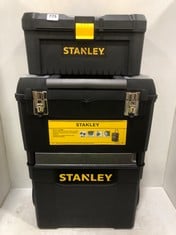 STANLEY MOBILE WORK CENTER WITH METAL LATCHES TO INCLUDE STANLEY ESSENTIAL TOOLBOX WITH PLASTIC LATCHES