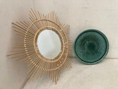 LA REDOUTE AMPM SET OF 4 DORNA ENAMELLED STONEWARE DINNER PLATES GON039 - RRP £46 AND LA REDOUTE INTERIEURS NOGU CURVED SUNBURNT BAMBOO MIRROR GIC277 - RRP £38