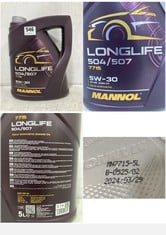 20 X BOTTLES OF MANNOL LONGLIFE 504/507 7715 5W-30 FULLY SYNTHETIC ENGINE OIL 5L - TOTAL LOT RRP £386 (ZONE 6) (COLLECTION ONLY)