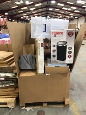 PALLET OF ASSORTED ITEMS TO INCLUDE TOWER 58L AUTOMATIC SENSOR BIN TO INCLUDE KETER SPRINGWOOD EFFECT STORAGE DECK BOX (ZONE 8)