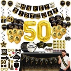 24 X 50TH BIRTHDAY DECORATIONS FOR MEN WOMEN, BLACK GOLD PARTY DEKO, PENNANT, HANGING SWIRL, BIRTHDAY BALLOONS, TABLECLOTHS, CUPCAKE TOPPER, CROWN, PLATES, PHOTO PROPS, BIRTHDAY SASH (76 PACK).