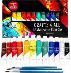 43 X CRAFTS 4 ALL WATERCOLOUR PAINT SET - 12 PACK OF PREMIUM QUALITY WATERCOLOURS FOR KIDS, ARTISTS, STUDENTS, AND BEGINNERS – VIBRANT PAINTS W/ 3 BONUS WATERCOLOR PAINTBRUSHES.