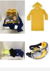 5X ASSORTED WORK WEAR TO INCLUDE DEWALT GOGGLE CONCEALER CLEAR GOGGLE DPG82-11D, KUNYS R105L PVC TRENCH COAT LARGE.