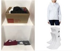 20X ASSORTED BRANDED CLOTHING TO INCLUDE ADIDAS UNISEX CUSHIONED SPORTSWEAR CREW SOCKS 6 PAIRS, WHITE / BLACK, 6.5-8, COLUMBIA WOMEN'S SWITCHBACK III JACKET.