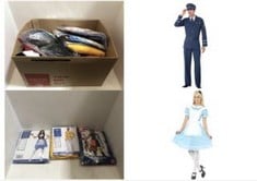 13X ASSORTED FANCY DRESS TO INCLUDE SMIFFYS WONDER PRINCESS COSTUME, BLUE, M - UK SIZE 12-14, SMIFFYS WW2 AIR FORCE CAPTAIN COSTUME, BLUE WITH TROUSERS, JACKET, HAT & TIE, 1940'S WARTIME FANCY DRESS,