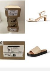 X4 ASSORTED FOOTWEAR TO INCLUDE WOMEN'S SLIDE FLATFORM SANDALS, SAND, 7 UK, WOMEN'S ANKLE STRAP LOW HEEL, ECRU FAUX LEATHER, 7 UK.