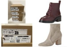 X4 ASSORTED FOOTWEAR TO INCLUDE WOMEN'S FITTED STRETCH HEEL BOOT, DOVE GREY MICROSUEDE, 9 UK, WOMEN'S MOC TOE BOOTS, BLACK OXBLOOD, 9 UK.