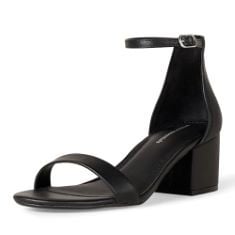 4 X ESSENTIALS WOMEN'S TWO STRAP HEELED SANDAL, BLACK FAUX LEATHER, 6 UK WIDE.