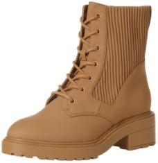 4 X ESSENTIALS WOMEN'S RUBBERISED COMBAT BOOT WITH CHUNKY OUTSOLE, DARK TAN, 5.5 UK.