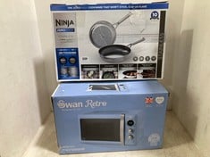 NINJA ZEROSTICK STAINLESS 2 PIECE PAN SET AND SWAN RETRO DIGITAL 800W MICROWAVE IN BLUE