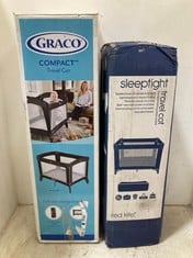 GRACO COMPACT TRAVEL COT IN COLOUR BLACK/GREY TO INCLUDE RED KITE SLEEPTIGHT TRAVEL COT IN NAVY BLUE