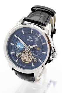 MEN'S WILLIAM JOURDAIN AUTOMATIC 2580 WATCH. FEATURING A BLUE DIAL, OPEN HEART MOVEMENT WITH SUB DIALS. SILVER COLOURED BEZEL AND CASE. GLASS EXHIBITION BACK CASE, W/R 3ATM. BLACK LEATHER STRAP. COME