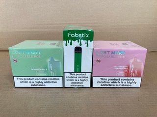 2 X BOXES OF LOST MARY 20MG 600 PUFF DISPOSABLE VAPES IN WATERMELON STRAWBERRY ICE/DOUBLE APPLE TO ALSO INCLUDE BOX OF FABSTIX 20MG 600 PUFF DISPOSABLE VAPES IN COOL MINT - (PLEASE NOTE: 18+YEARS ONL