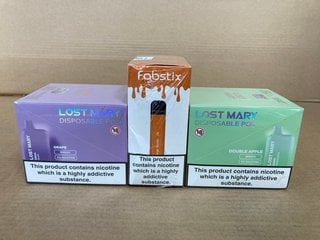 2 X BOXES OF LOST MARY 20MG 600 PUFF DISPOSABLE VAPES IN GRAPE/DOUBLE APPLE TO ALSO INCLUDE BOX OF FABSTIX 20MG 600 PUFF DISPOSABLE VAPES IN ORANGE VANILLA - (PLEASE NOTE: 18+YEARS ONLY. ID MAY BE RE